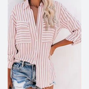 Pink Striped Boyfriend Button Down Shirt - Size M